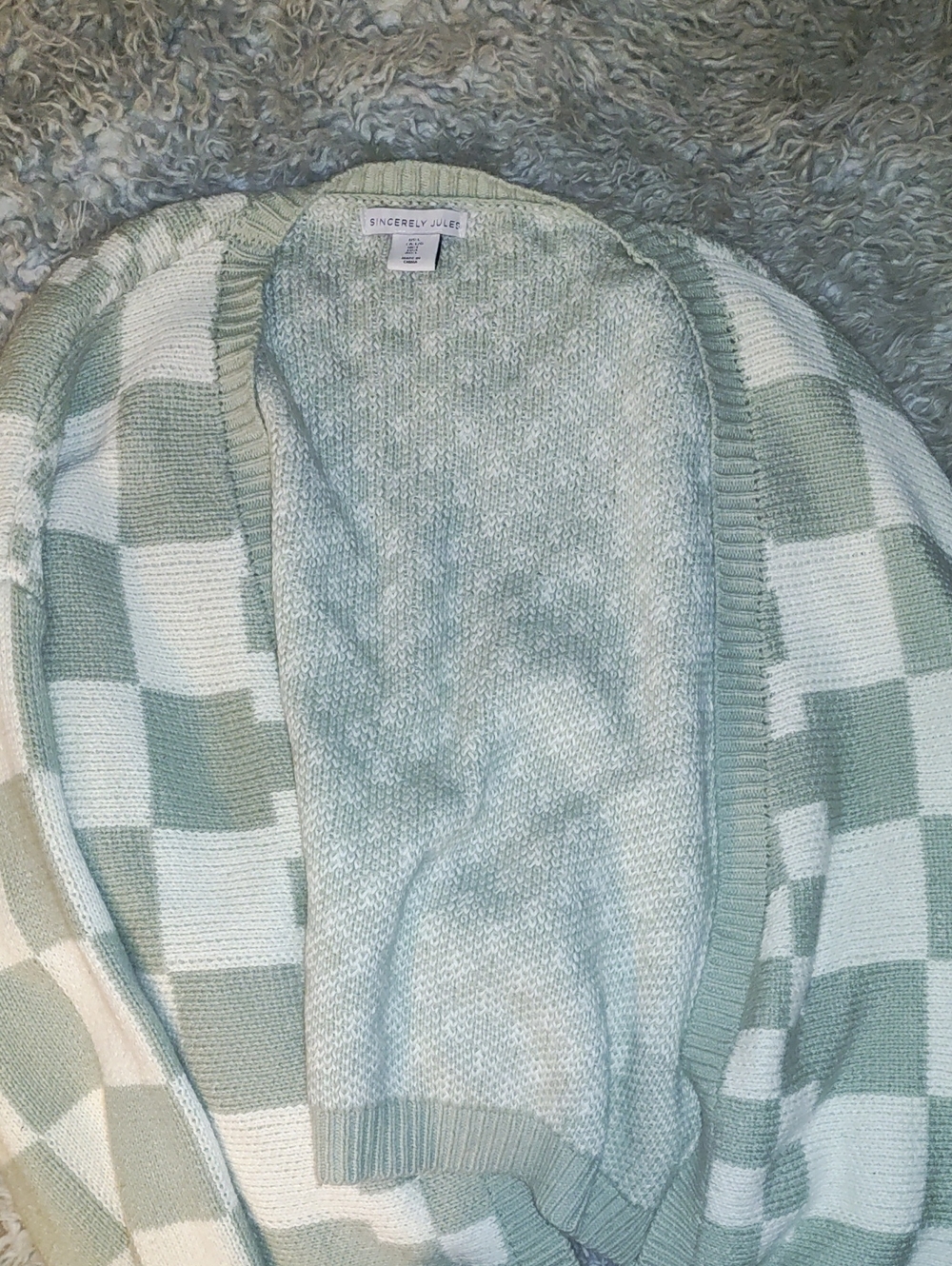 Sincerly Jules Sage Green and Cream Checkered Open Cardigan